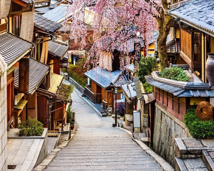 A traditional Japanese street with wooden buildings, a stone staircase, and cherry blossoms. 3