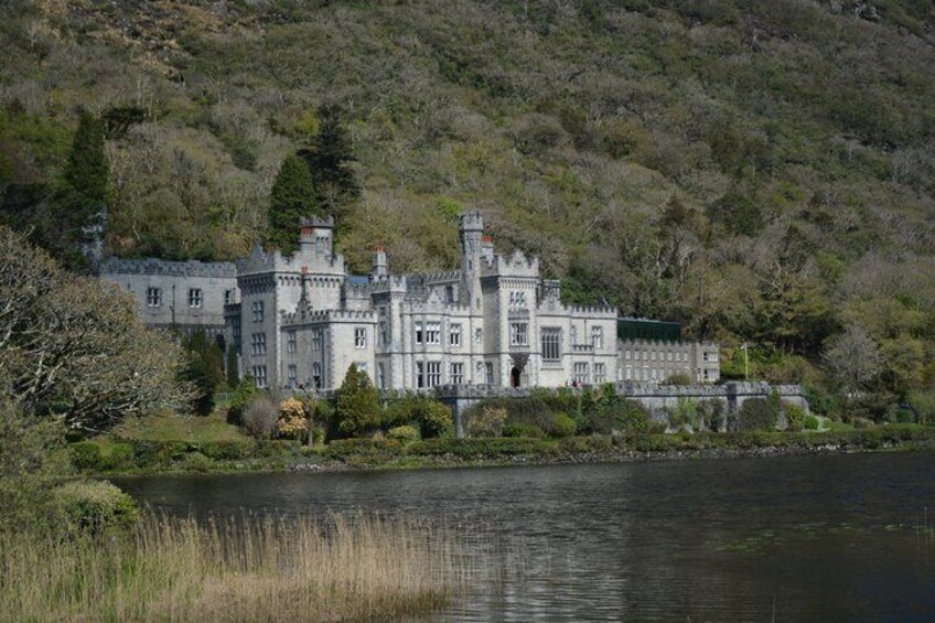 A large, historic castle by a lake with a forested hill in the background. 2