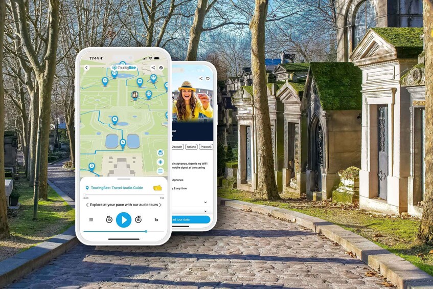 A smartphone displaying a travel audio guide app with a map and audio player controls. 1