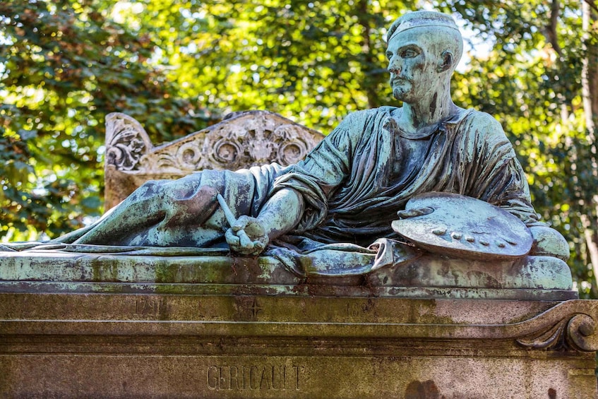 A statue of a seated figure with a shield and sword, inscribed with 'GERICAULT 1791.' 5