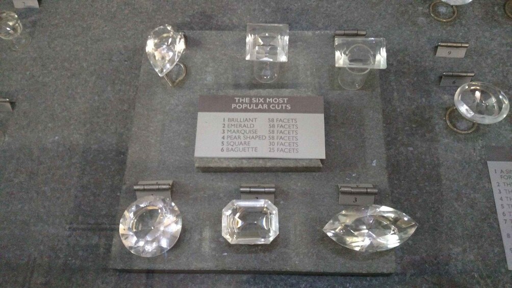 A display of various gemstone cuts with a sign listing the six most popular cuts. 3