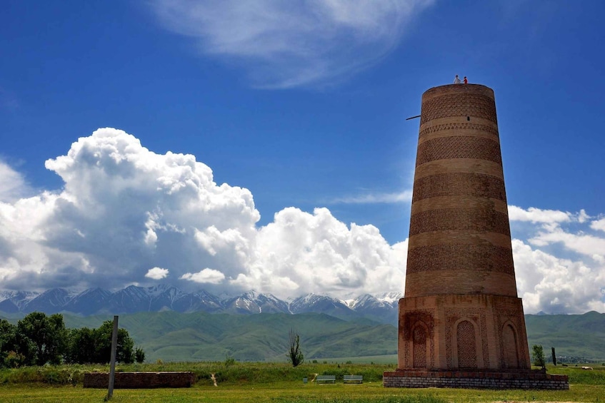 A tall brick tower with a flag on top, set against a backdrop of green hills and snow-capped mountains under a blue sky. 4