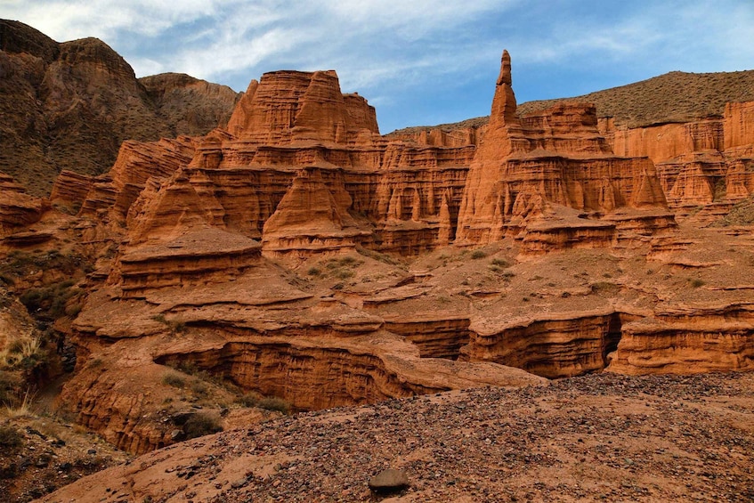 Layered red rock formations in a desert landscape. 2
