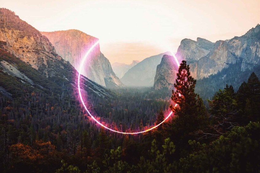 A mountainous landscape with a valley and a tree in the foreground. 2