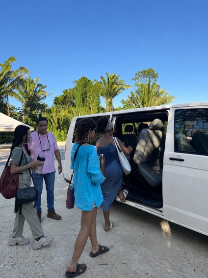 A group of people boarding a white van with a tropical backdrop. 2