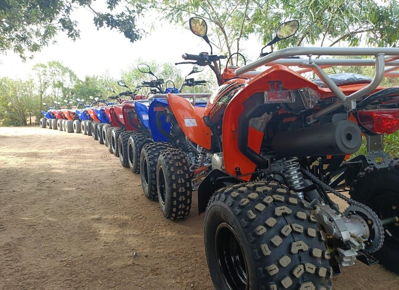 A row of quad bikes parked on a dirt path with trees in the background. 2
