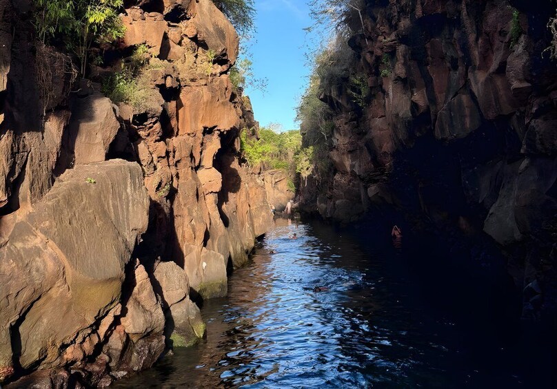 A narrow canyon with a river, rocky cliffs, and sparse vegetation. 1