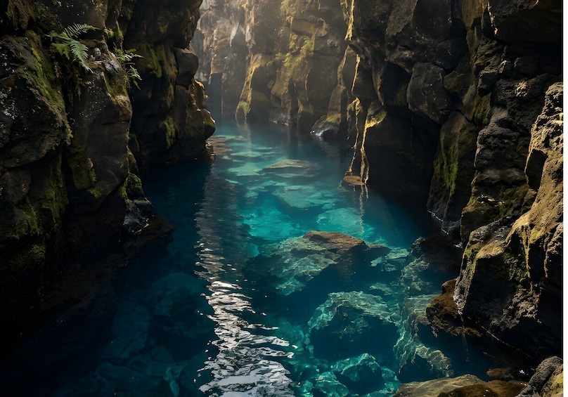 A narrow canyon with clear turquoise water and rocky walls. 5