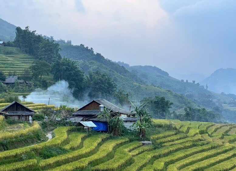 Terraced rice fields, traditional houses, and a mountainous backdrop. 5