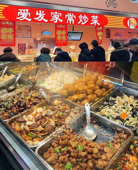 A food stall with various dishes and a red banner with Chinese characters. 3