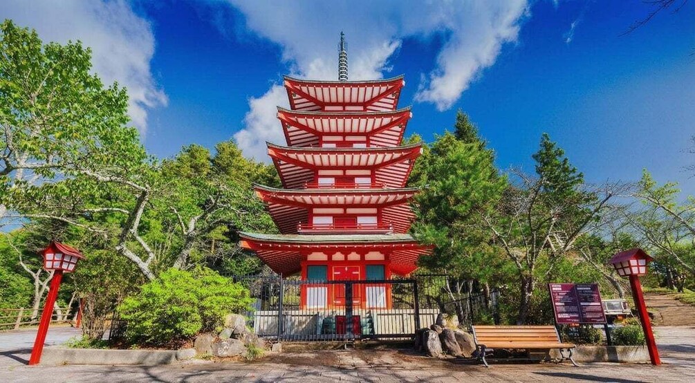 A red pagoda with multiple tiers, surrounded by greenery and a clear blue sky. 2