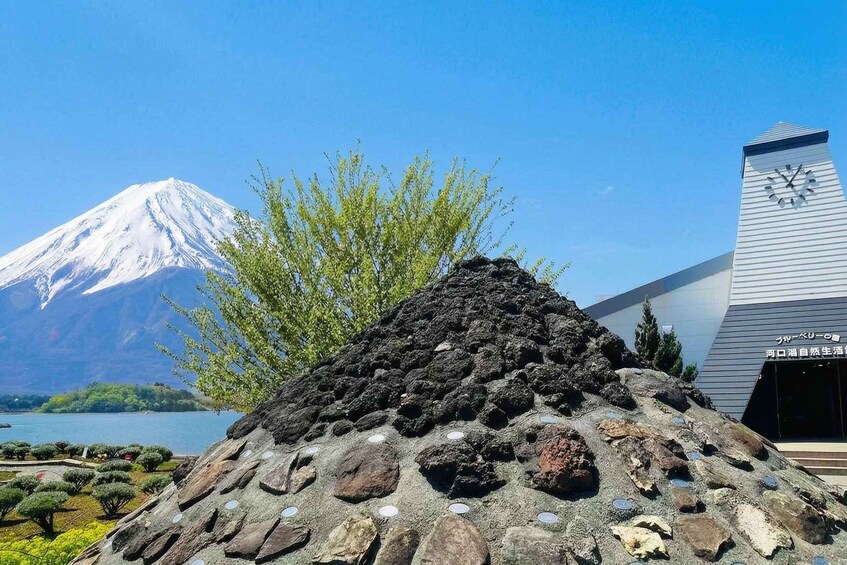 A snow-capped mountain, a rocky hill, and a modern building with a clock tower. 3