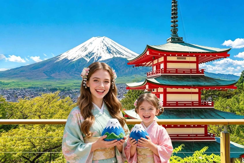 Two people in traditional attire holding plush toys, with a red pagoda and Mount Fuji in the background. 1