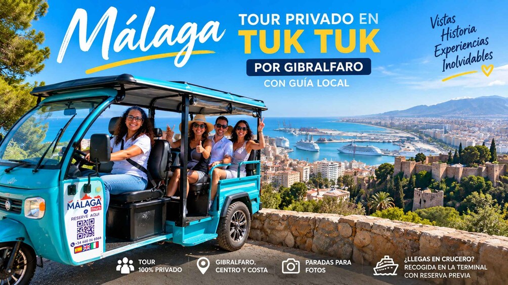 A turquoise tuk-tuk with passengers, a coastal cityscape, and a clear sky. 1