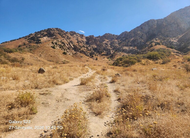 A dirt path leading through a dry, hilly landscape with sparse vegetation and rocky mountains in the background. 2