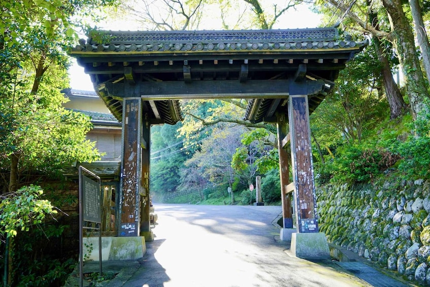 A traditional Japanese torii gate leading into a forested area. 4
