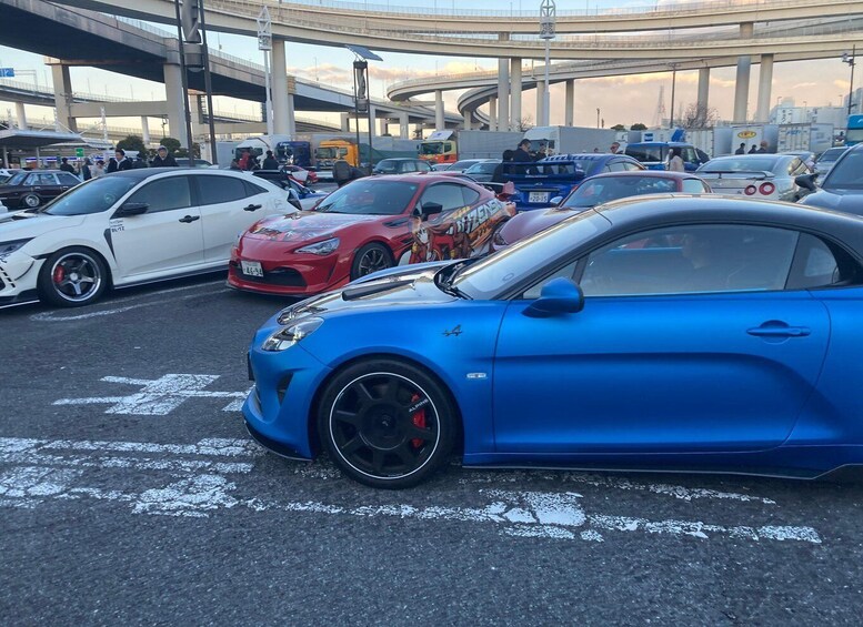 A parking lot with several sports cars, including a blue one in the foreground, and a red sports car in the background. 5