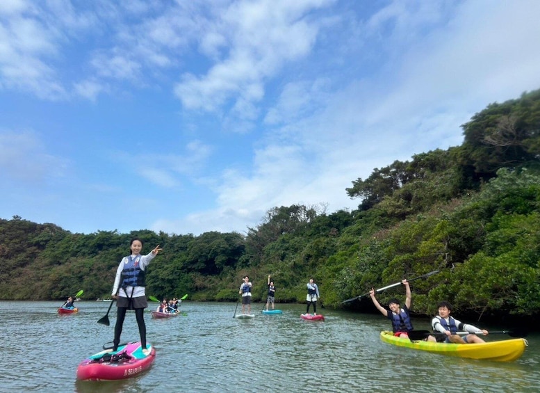 People paddleboarding on a calm river surrounded by lush greenery. 5