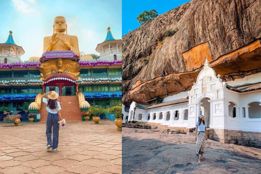 A large golden Buddha statue in front of a temple with a blue roof, and a white temple with a rock formation backdrop. 4