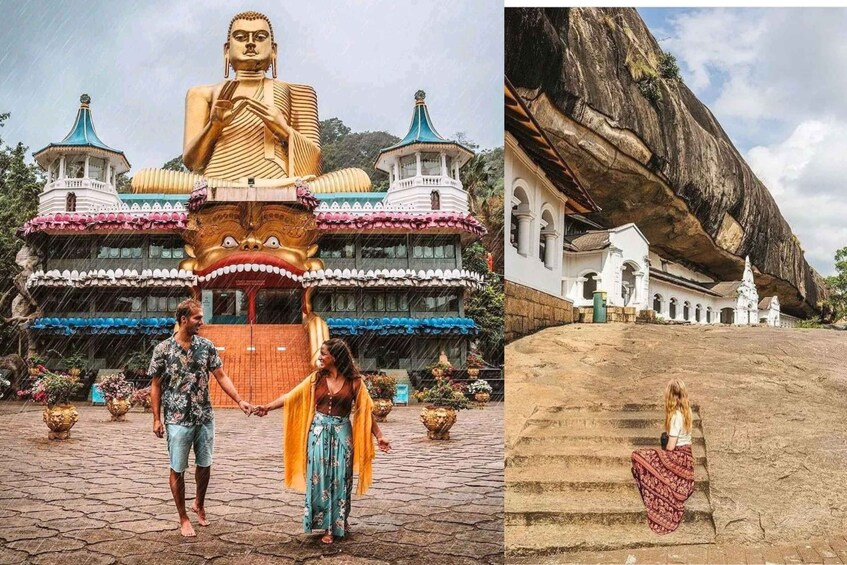 A large Buddha statue, a temple with colorful roofs, and a rock formation with a temple on top. 1