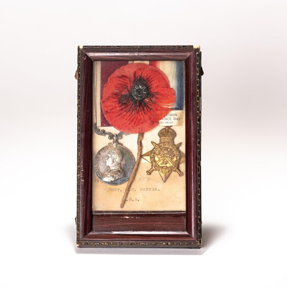 A framed poppy with a medal and a badge. 2