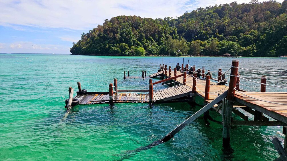 A wooden pier extending into turquoise waters, surrounded by lush greenery and a forested hill. 5
