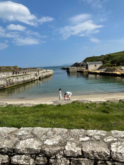 A coastal scene with a stone pier, calm water, grassy areas, and a clear sky. 2