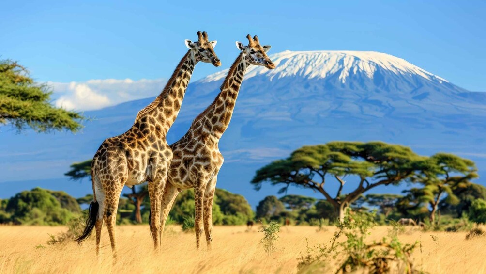 Two giraffes in a savannah landscape with a mountain in the background. 1