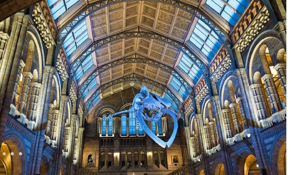 An ornate cathedral interior with a large stained glass window and a blue sculpture. 4