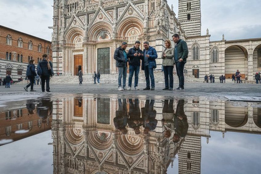 Un groupe de personnes se tient devant un bâtiment historique à l’architecture complexe, dont le reflet se mire dans une flaque d’eau sur le sol. 5