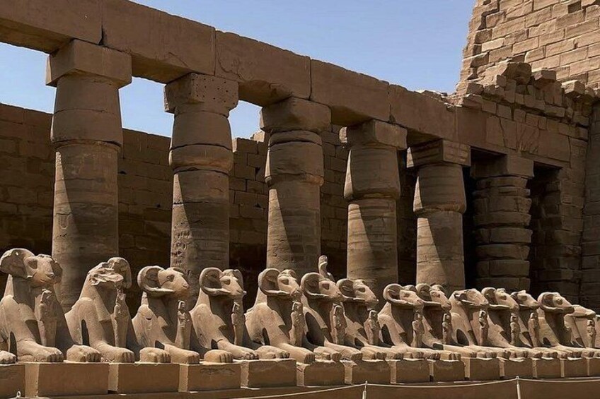 Una hilera de estatuas de esfinges de piedra con un cielo despejado al fondo. 5