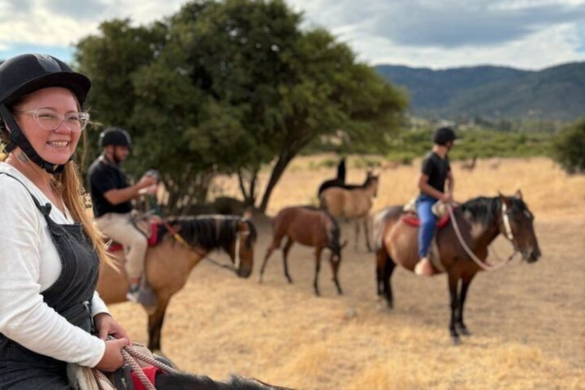 A person riding a horse in a field with other riders and horses in the background. 1