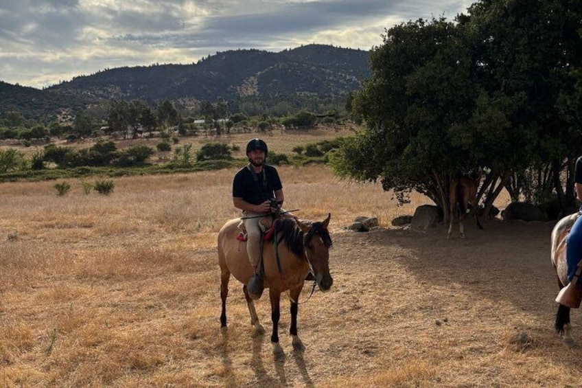 A person riding a horse in a dry grass field with trees and hills in the background. 3