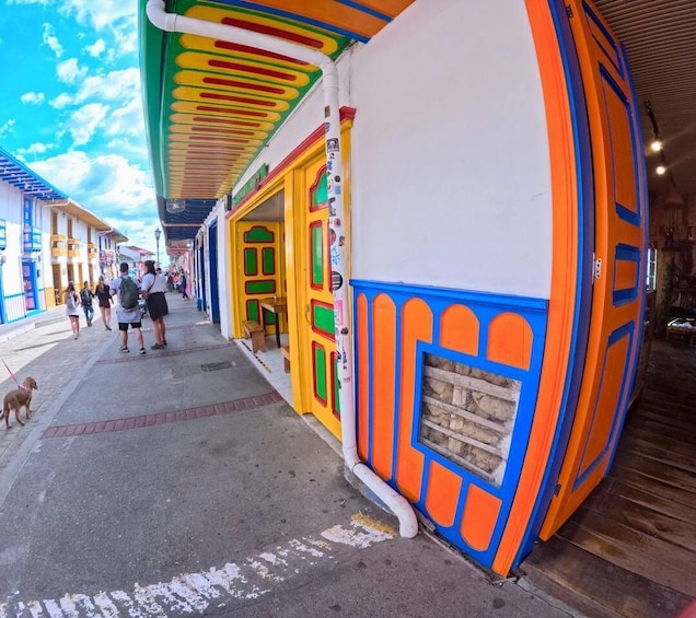 A colorful building with a vibrant facade, a covered walkway, and a dog on a leash. 5
