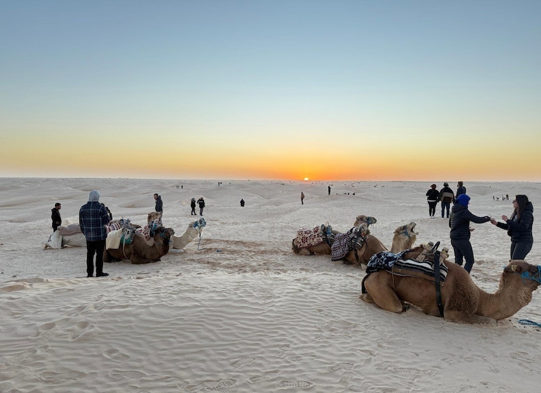 A desert landscape at sunset with camels and people. 3