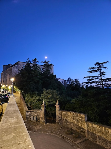 A stone bridge leading to a castle under a twilight sky. 4