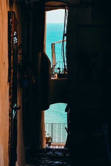 A narrow passageway leading to a balcony overlooking the sea. 5