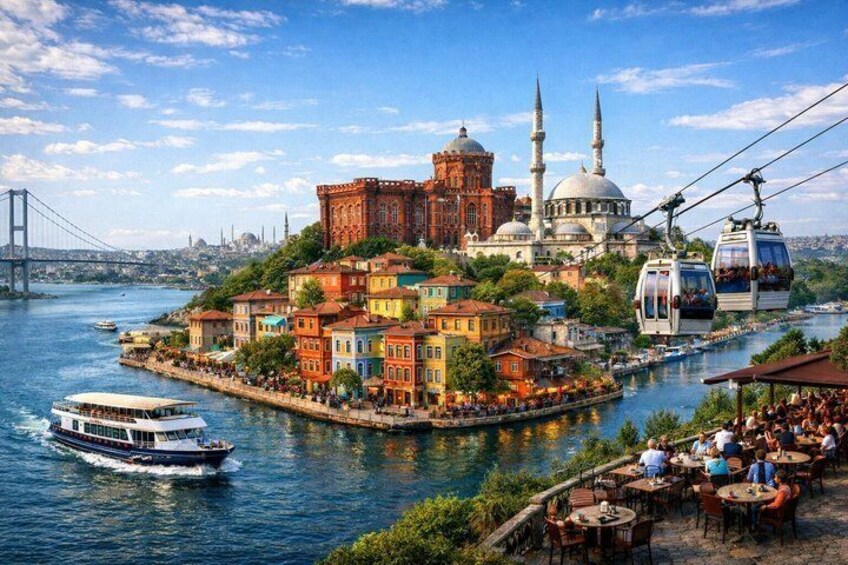 A river with a boat, a cable car, and colorful buildings with a mosque and minaret. 1