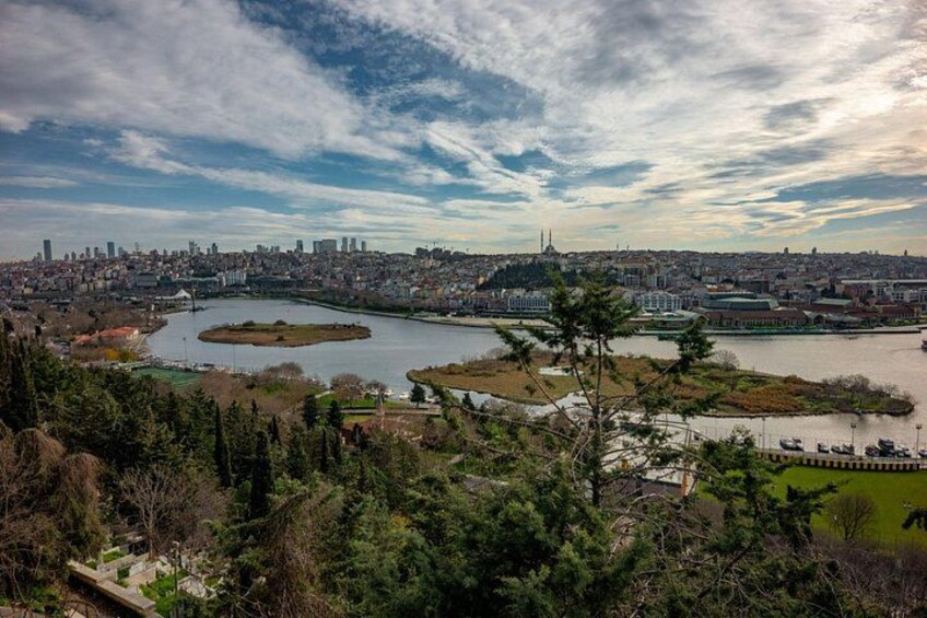 A cityscape with a river, a prominent tower, and a park with trees. 5