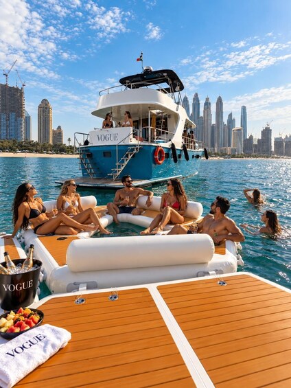 A group of people on a boat with a city skyline in the background. 4