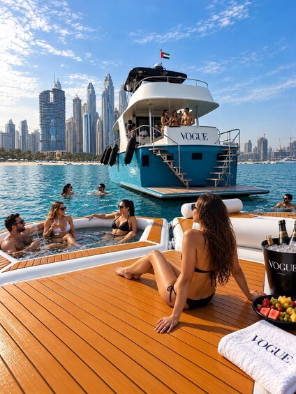A yacht named VOGUE docked at a marina with Dubai skyline in the background. 5
