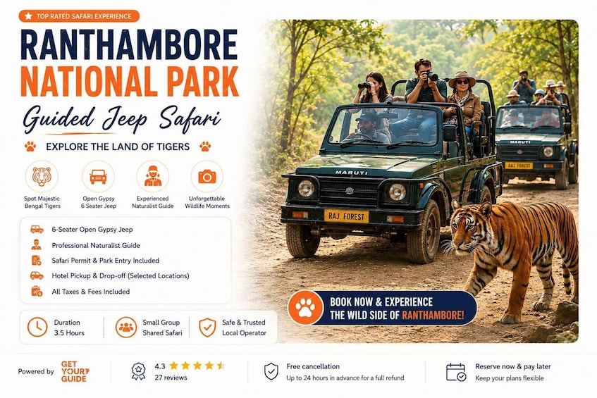 A guided jeep safari at Ranthambore National Park, featuring a 6-seater open gypsy jeep, experienced naturalist guide, and opportunities to spot majestic Bengal tigers. 2