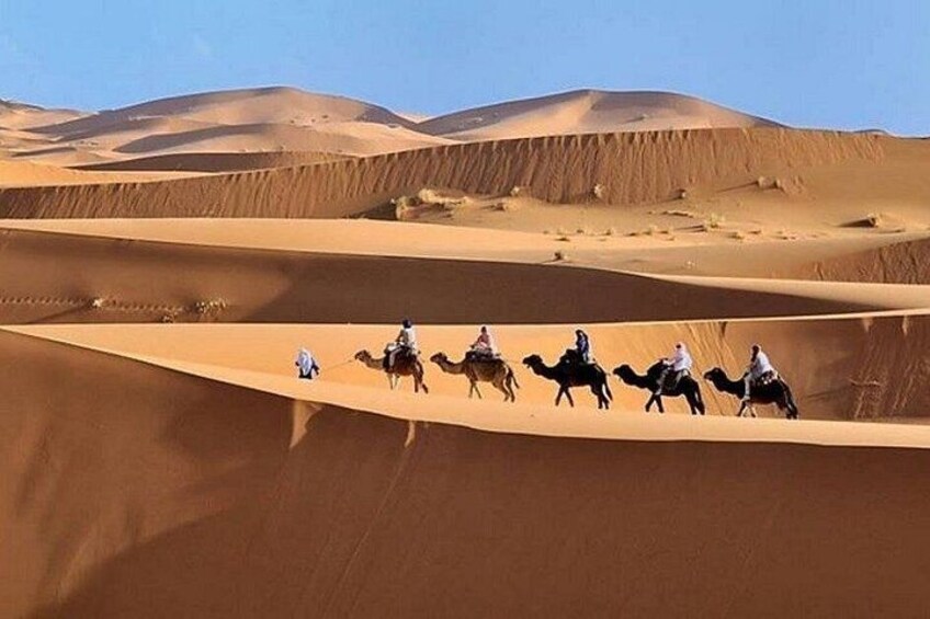 A group of people riding camels across sand dunes in a desert landscape. 1
