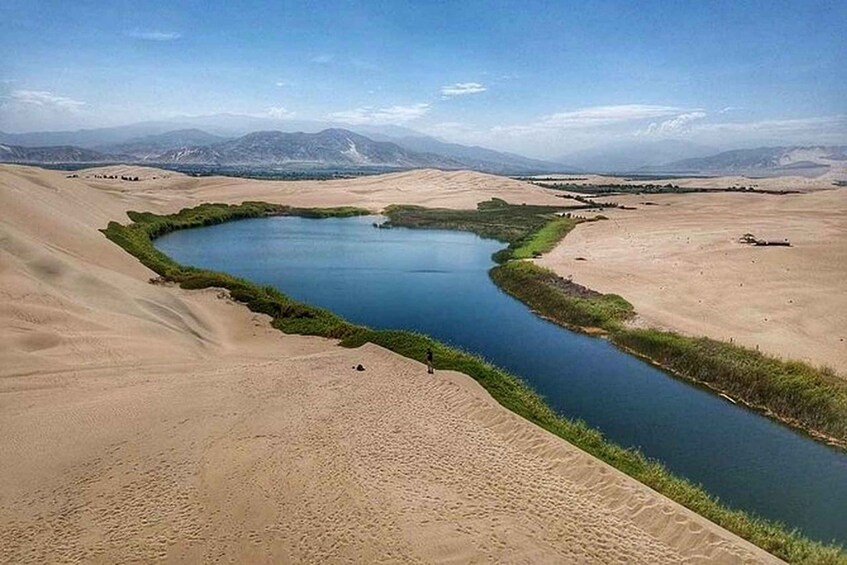 A desert landscape with a river meandering through sand dunes and a mountain range in the distance. 1