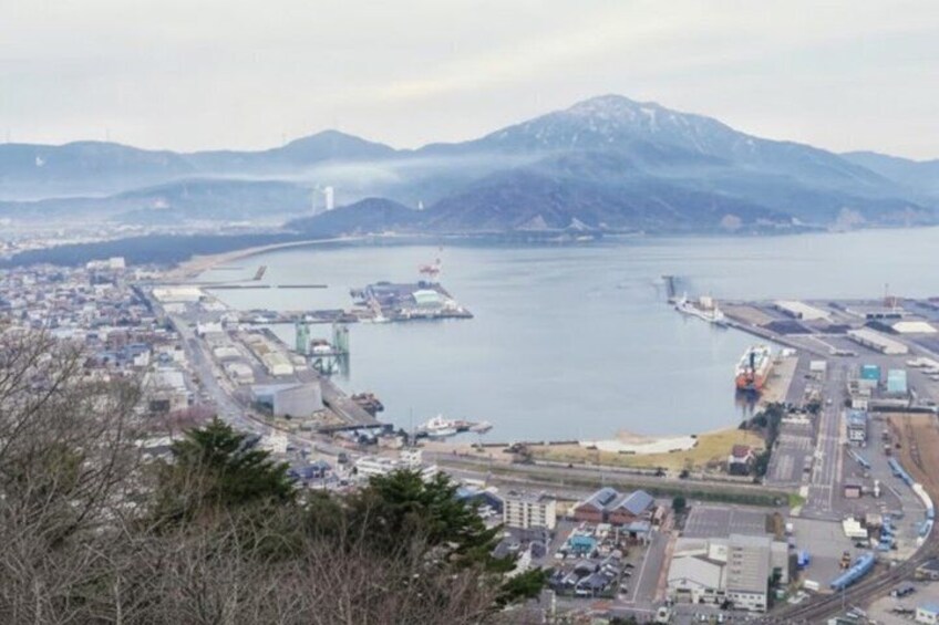 Une zone industrielle côtière, avec une vaste étendue d’eau, des quais et une montagne en arrière-plan. 1