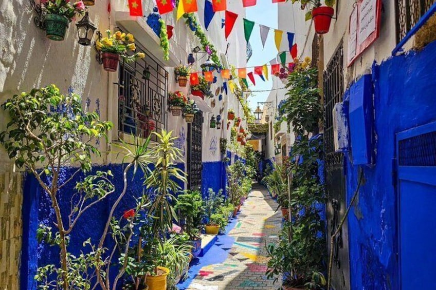 Une ruelle étroite aux murs bleus, agrémentée de plantes en pot et de drapeaux triangulaires aux couleurs vives. 2