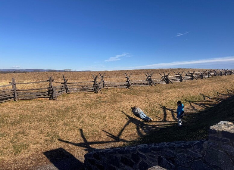 A rural landscape with a stone wall, a wooden fence, and a grassy field. 3