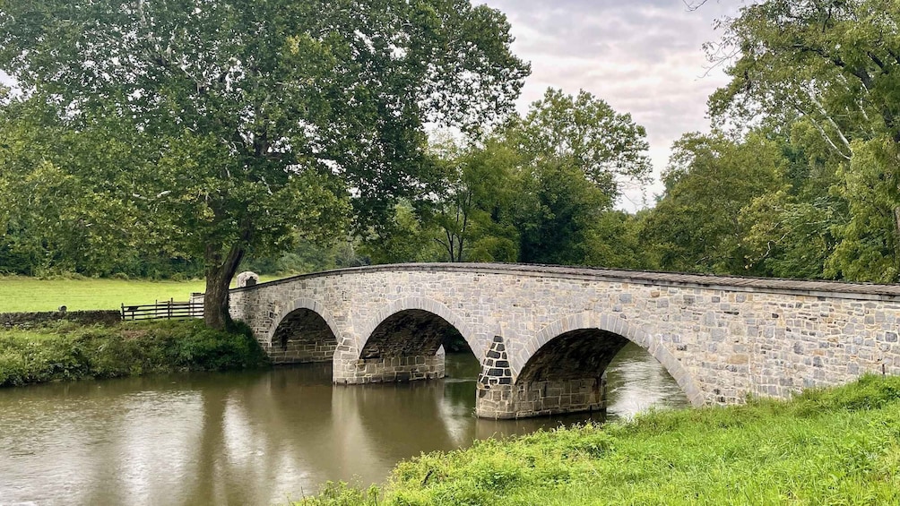 A stone bridge over a calm river, surrounded by lush greenery and trees. 1