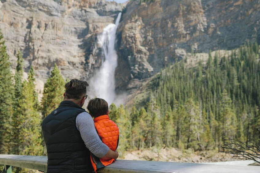 A man and a child observing a waterfall from a wooden railing. 3