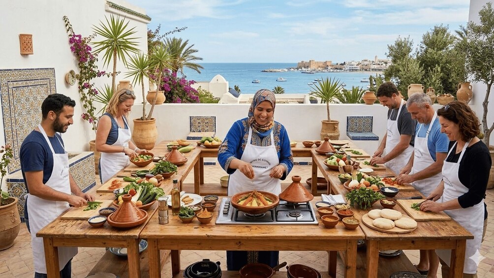 Eine Gruppe Menschen kocht draußen mit Blick auf das Meer und eine Stadt im Hintergrund. 1